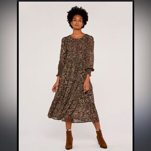 APRICOT Brown and Black Bishop Sleeve Midi Sundress